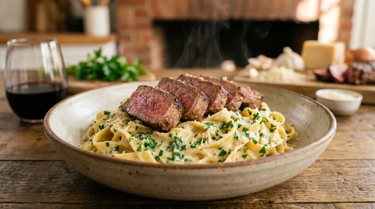 Creamy Garlic Pasta With Steak